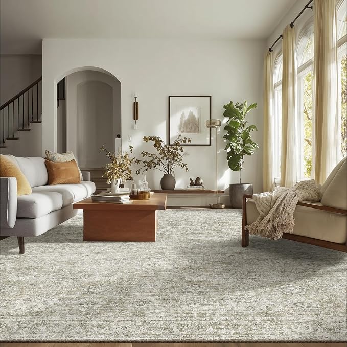 Washable Rugs for Living Room: 8x10 Area Rugs for Bedroom Ultra Soft Non-Slip Stain Resistant Vintage Boho Large Carpet for High-Traffic Dining Room - Farmhouse Decor