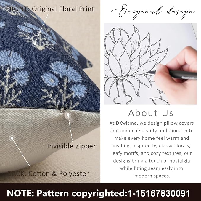 Farmhouse Floral Pillow Covers 20x20 Set of 2, Country Botanical Throw Pillow Cover for Sofa Couch Bed Living Room, Earthic Vintage Flower Cushion Covers Cottage Home Decor,Indigo Bloom