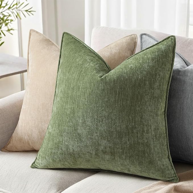 decorUhome Chenille Olive Green Velvet Throw Pillow Covers 24x24 Set of 2 | Fall Soft Euro Sham Couch Decorative Modern Farmhouse Pillow Cases with Elegant Design for Sofa Bed Living Room Home Decor