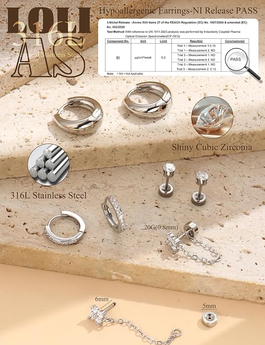 LOLIAS Flat Back Earrings for Women Hypoallergenic Surgical Steel Earrings for Sensitive Ears-20G Cartilage Earring Stacks 14K Gold Plated Hoops Flatback Stud Earring Sets for Multiple Piercing
