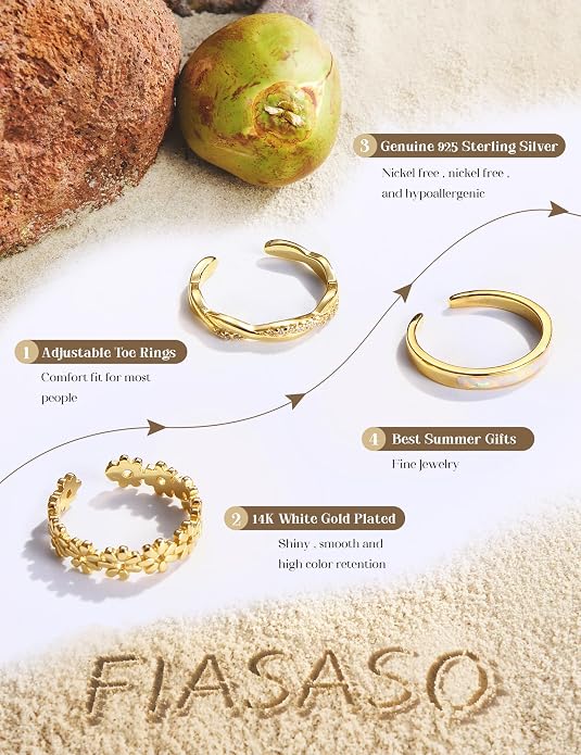 FIASASO 3Pcs 925 Sterling Silver Toe Rings for Women Adjustable 14K White Gold Plated Flower Twist Opal Band Rings Summer Beach Open Toe Rings Foot Jewelry Set