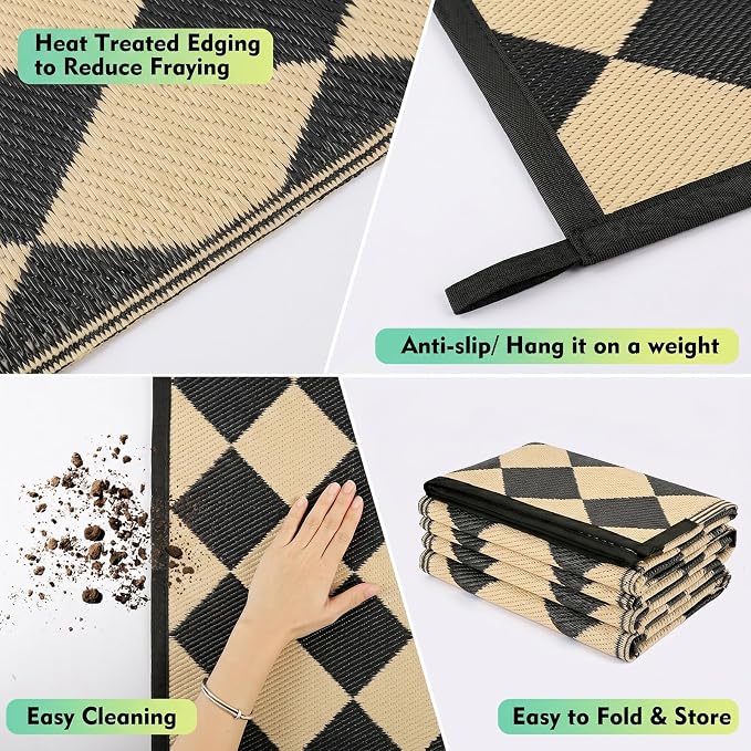 fifame Outdoor Camping Rugs, 9x12 Outdoor Rug Patios Clearance Plastic Straw Rug Weatherproof Reversible Mats, Large Floor Mat for Outdoors, RV, Patio, Backyard, Deck, Picnic, Beach, Trailer, Camping