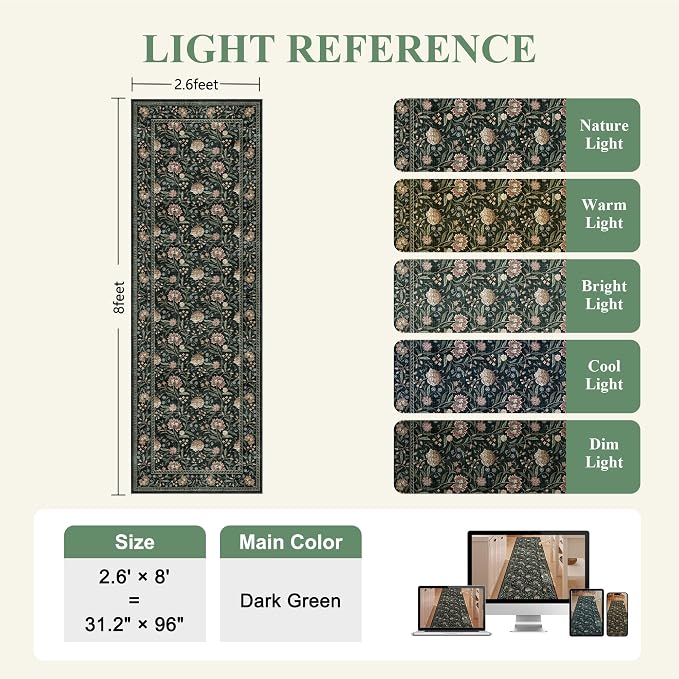 DUKINO 2.6x8 Runner Rug, Washable Vintage Floral Kitchen Runners Dark Green | Non Slip, Low Pile, Non-Shedding Soft Carpet for Hallway Bathroom Laundry Entryway Bedroom Farmhouse, Kids and Pets Friendly
