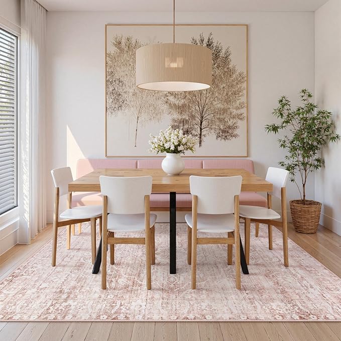 Lahome Pink Rugs for Bedroom Girls,Cute Nursery Rug Boho Area Rugs 5x7,Floral Living Room Rug Carpet Ultra-Thin Soft Washable, Kids Rugs for Playroom Baby Room Decor Dorm Aube (Light Pink, 5'X7')