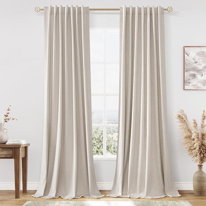 Guken 100% Blackout Linen Curtains for Bedroom 84 inches Long, Thermal Insulated Room Darkening Black Out Drapes for Living Room, Back Tab Rod Pocket 2 Panels Set,Farmhouse,52x84