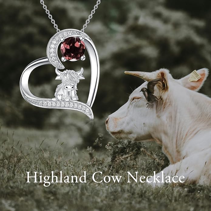 Highland Cow Gifts for Women 925 Sterling Silver Highland Cow Birthstone Necklace Fluffy Cow Jewelry Gifts Birthday Christmas