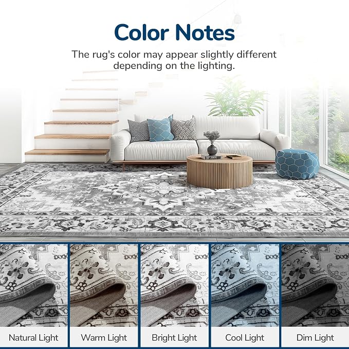 Lessymo 2 x 4 Entryway Rug, Machine Washable Area Rugs Boho Faux Wool Low Pile Area Rug for Bedroom, Floral Medallion Vintage Outdoor Rugs with Non-Slip Rubber, Grey Beige