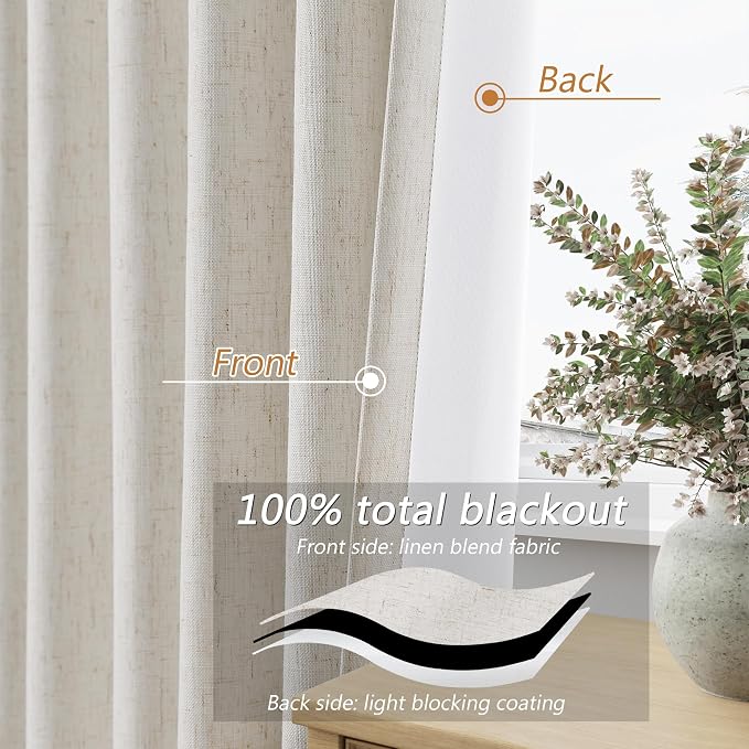 Guken Extra Long 100% Blackout Linen Curtains for Bedroom 102 inches Long, Thermal Insulated Room Darkening Black Out Drapes for Living Room, Back Tab Rod Pocket 2 Panels Set,Modern,52x102