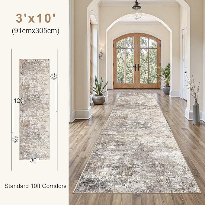UERMEI 3x10 Washable Runner Rug for Hallway, Non Slip Low Pile Kitchen Carpet, Neutral Modern Abstract Indoor Floor Mat for Entryway Laundry, Kid & Pet Safe High Traffic Area, Brown Grey