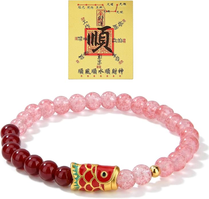 LINGYUAN Feng Shui Wealth and Luck Bracelet with Gold Foil Five Gods Amulet-Red Agate Cinnabar Gemstone Bracelet for Prosperity, Protection & Success, Lucky Charm Gift for Men & Women
