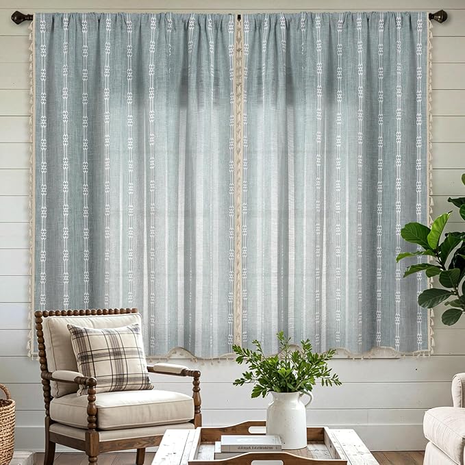 ColorBird Boho Curtains Dusty Blue Linen-Textured for Living Room Bedroom 63 Inch Length Light Filtering Farmhouse Curtains & Drapes Embroidered Striped Window Treatment for Dining Room Kitchen