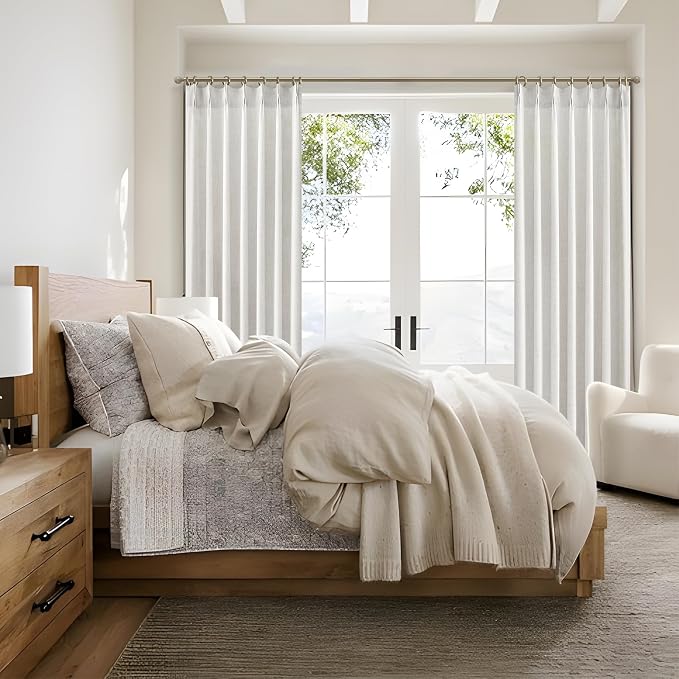 Unique Beige White 86 Inch Bedroom Curtains 2 Panel Sets, Modern Pinch Pleat Linen Sheer Viral Curtain Light Filtering Heavy Window Drapes with Hooks Rings Ceiling Track Aesthetic for Nursery/Sunroom