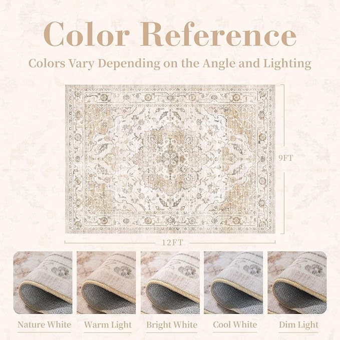 PADOOR 9X12 Area Rug,Rugs for Living Room,Soft Beige Rugs for Bedroom,Machine Washable Rug Non Slip Carpet for Dining Room Living Room Bedside Office
