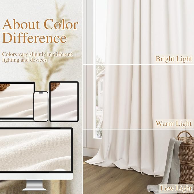 Guken Ivory 100% Blackout Linen Curtains 92 Inch Length 2 Panels Set for Living Room Bedroom Back Tab Thermal Insulated Black Out Drapes Room Darkening Farmhouse Window Curtains 92 Inches Long