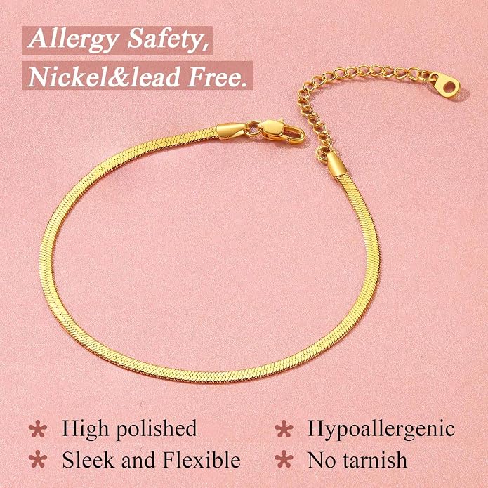 FindChic Elegant Herringbone Snake Chain Anklets/Bracelets 3MM/5MM Width Stainless Steel/18K Gold/Rose Gold Plated/Black 4 Color Options, 8.3'' 8.5'' 10.5'' Length, with Gift Box