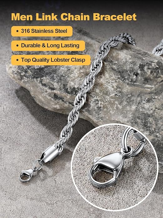 U7 Link Bracelets for Men, Cuban Link/Rope/Watch Band Solid Bracelet, Silver Black Gold Color Wrist Bracelet 3/6/9/12/15mm Width, 6.5/7.5/8.3 Inch Length, Hand Chain Jewelry for Mens Women