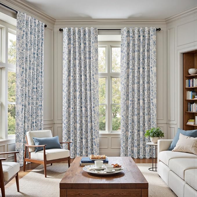jinchan Blue Floral Blackout Curtains 84 Inch Farmhouse Back Tab 2 Panels | Blue on beige, room darkening, traditional vintage drapes, bedroom, living room, botanical, flower print, window treatment