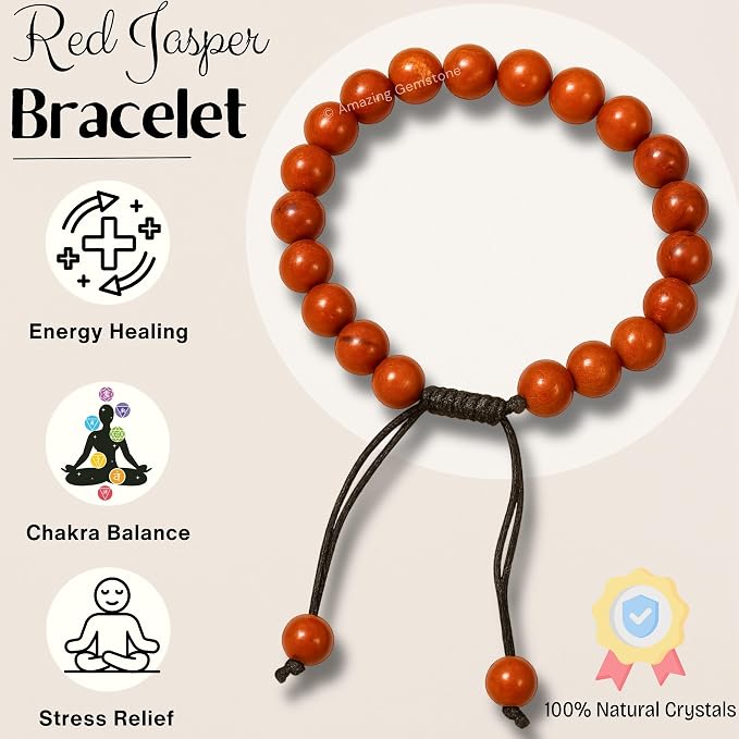 Amazing Gemstone Red Jasper Bracelet, Gifts for Men & Women - Protection Healing Crystal Bracelet - 8mm Gemstone Beaded Adjustable Bracelet, Pulseras para Hombres Mujer Stocking Stuffers