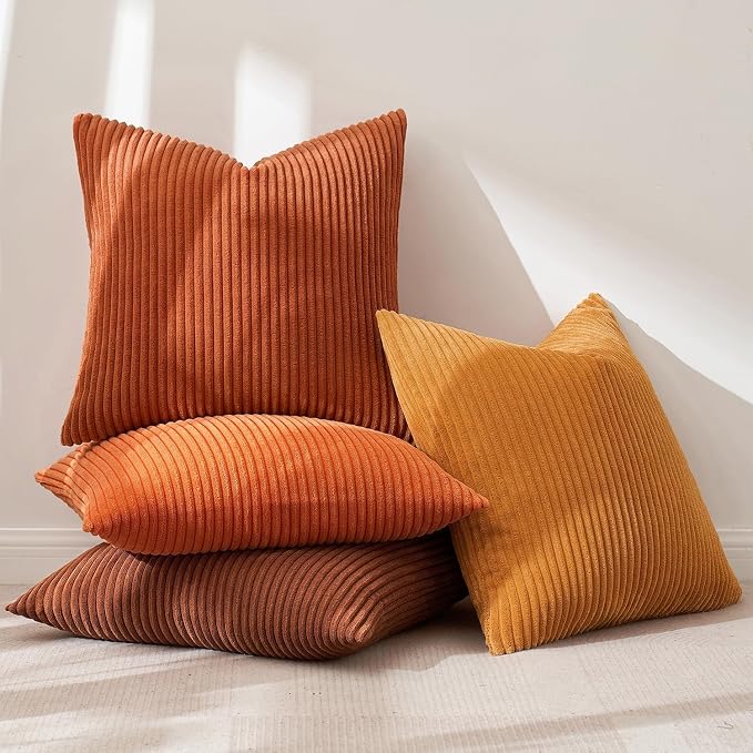 MIULEE Boho Farmhouse Throw Pillow Covers 18x18 Inch Set of 4 Mordern Nordic Cushion Covers Soft Corduroy Fall Home Decor for Couch Bed Sofa Living Room Orange Rust