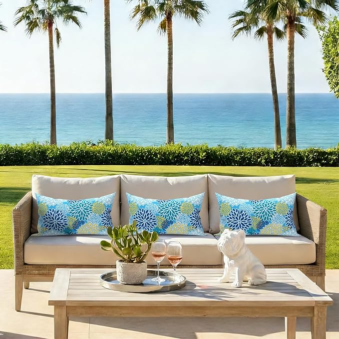 Pack of 2 Outdoor Lumbar Pillow Covers, All Weather Cushion Pillow Cases 12x20 Inch, Pillowcase for Patio Couch Decoration, Dahlia Blue
