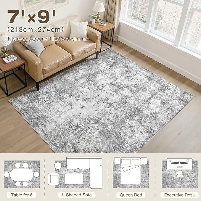 7x9 Area Rug, Non Slip Low Pile Washable Large Rug for Living Room | Soft Modern Abstract Carpet, Stain Resistant Kid & Pet Friendly, Made for Dining Room, Nursery, Home Office Indoor - Gray