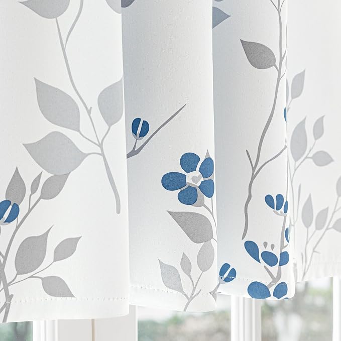 Beauoop Floral Valance Curtains for Kitchen Blue Grey 52X18 Inch 1 Panel | Flower Patterned Blue White Blackout Short Curtains for Living Room Bedroom Cafe Thermal Small Window Curtains Rod Pocket