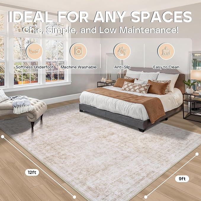 9x12 Area Rugs for Living Room Rug Washable: Modern Large Rug for Dining Room Bedroom Carpet Non Slip 9 by 12 Indoor Abstract Nursery Home Office Beige White