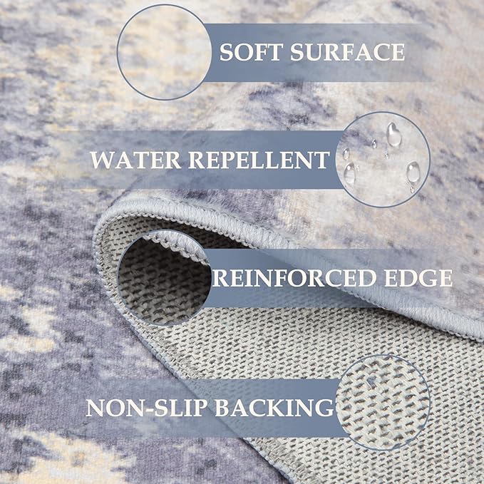 RELEANY Washable Area Rugs 7'x9' Non-Slip Modern Abstract Soft for Living Room Entryway Bedroom Kitchen, Print Pattern, Purple Grey Cream Yellow