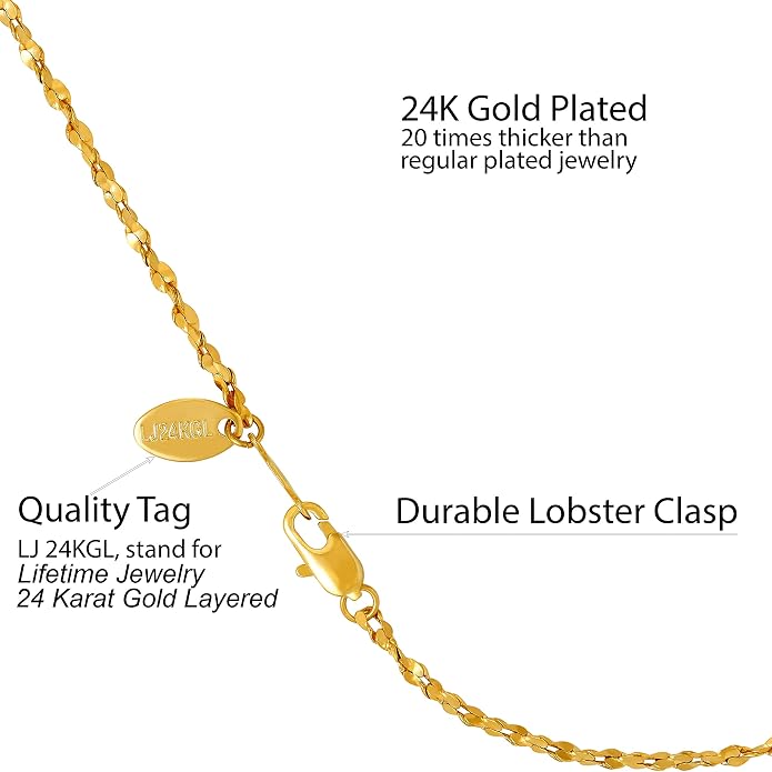 LIFETIME JEWELRY Womens Gold Anklet 1.5mm Twisted Nugget Ankle Bracelet 24K Gold Plated