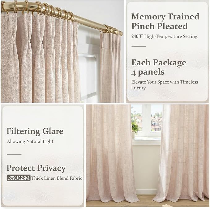 Linen Pleated Semi Sheer Curtains 90 Inches Long 4 Panels Set for Dining Room, Memory Trained Pinch Pleat Light Filtering Cottage Core Window Drapes with Back Tab Non See Through Bedroom Heavy Curtain