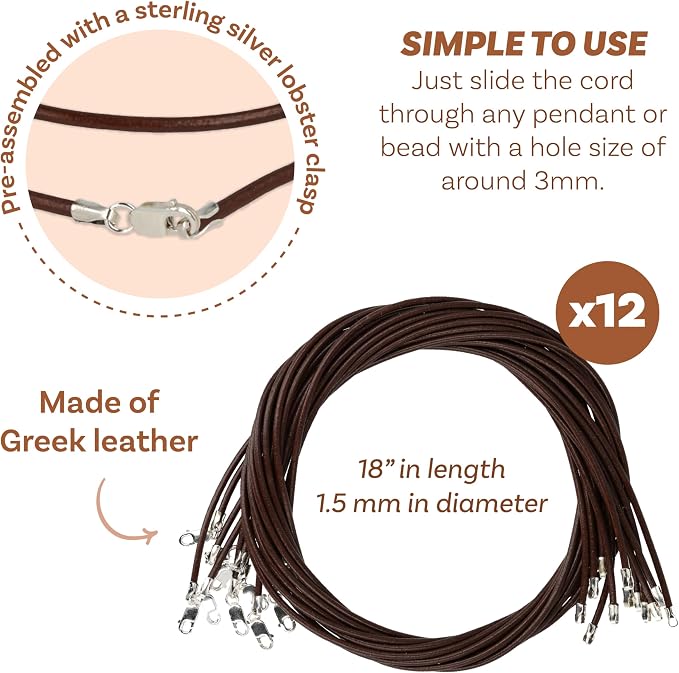 The Beadsmith Greek Leather Necklaces – Brown, 18” in Length, Assembled with Sterling Silver Lobster Clasp, 12-Pack