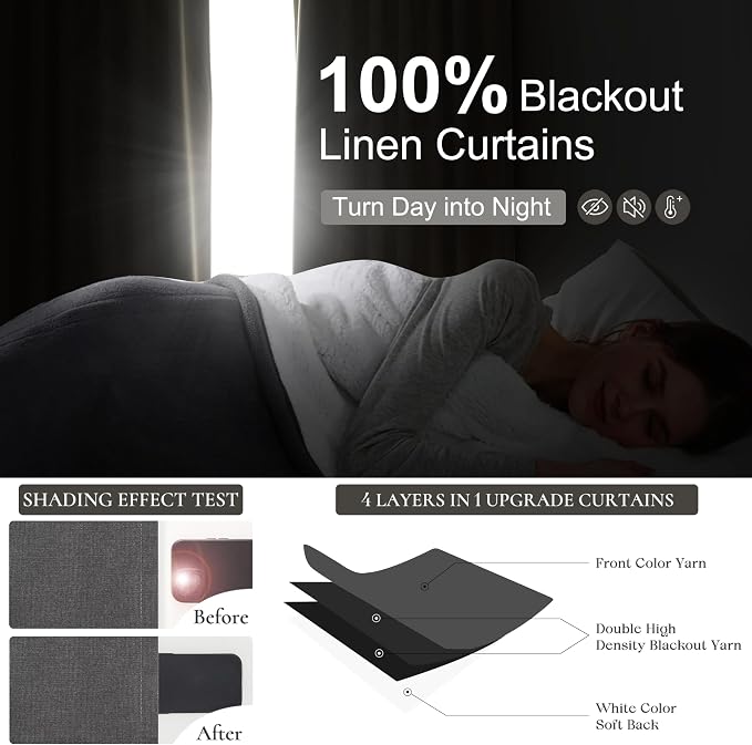 Dark Gray 108 Inch Extra Long Blackout Curtains for Bedroom 2 Panels Set, Boho Room Darkening Pleated Flax Linen Blend Window Curtain 108 Inches Long with Hooks for Patio Sliding Door(50"Wx108"L Grey)