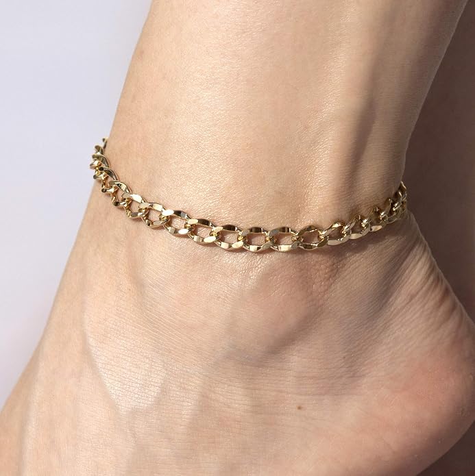 LIFETIME JEWELRY Womens Gold Anklet Diamond Cut Curb Link Ankle Bracelet 24k Gold Plated