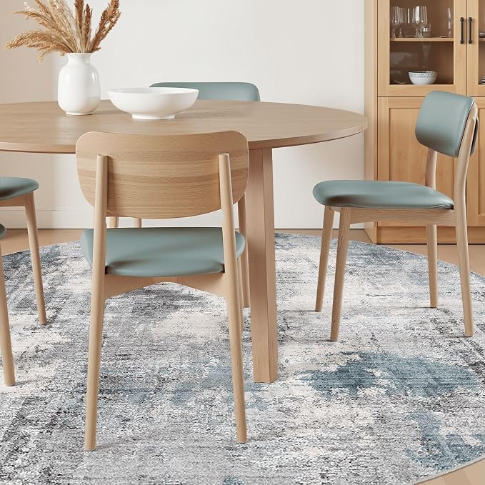 Abstract 8FT Round Rug: Machine Washable Non Slip Ultra Thin Low-Pile Carpet, Soft Stain Resistant for Living Dining Room Bedroom, Kid Pet Friendly, Robot Vacuum Compatible - Grey Blue