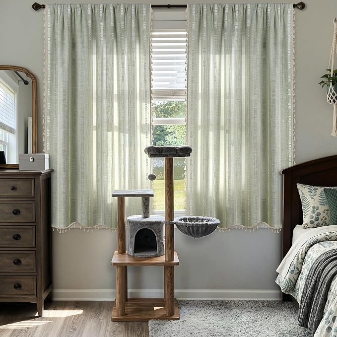 ColorBird Sage Green Boho Curtains Linen-Textured for Living Room Light Filtering Farmhouse Whimsical Decor Drapes Embroidered Striped 63 Inch Length for Dining Room Bedroom Window Treatments