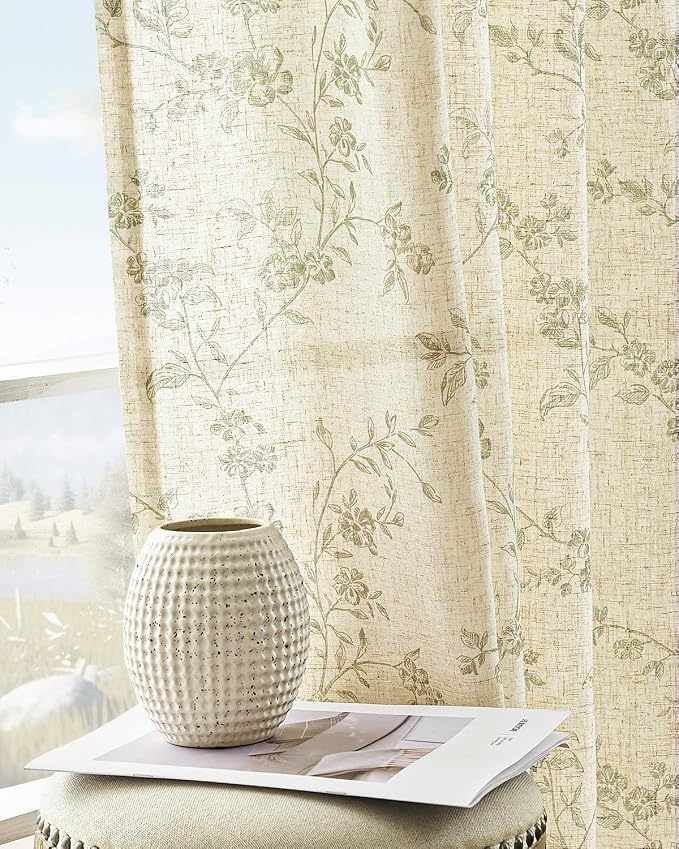 jinchan Green Floral Linen Curtains 84 Inch Farmhouse Back Tab 2 Panels | Flower patterned drapes, french country, light filtering, semi sheer, printed, privacy, bedroom, living room, home decor