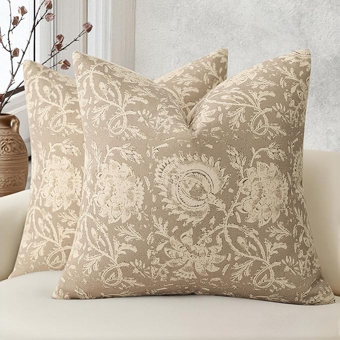 Vintage Floral Print Throw Pillow Covers 24x24 Set of 2 Neutral Modern Farmhouse Pillowcases Accent Decorative Cushion Covers Boho Home Decor for Couch Sofa Chair Bed Living Room, Latte