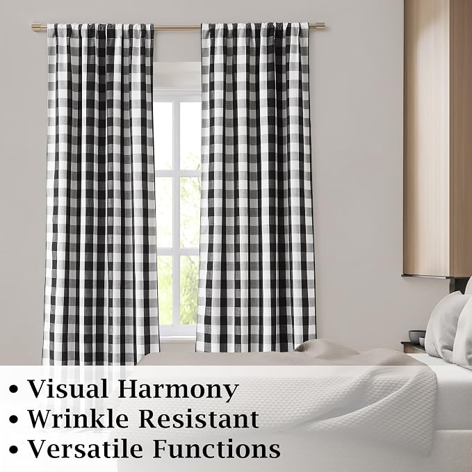 Short Black White Buffalo Plaid Curtain Panels 72 Inches Length | Checkered Farmhouse Drapes for Bedroom Living Room,Thermal Insulated Window Treatment,Rod Pocket Back Tabs,40"Wx72"Lx2