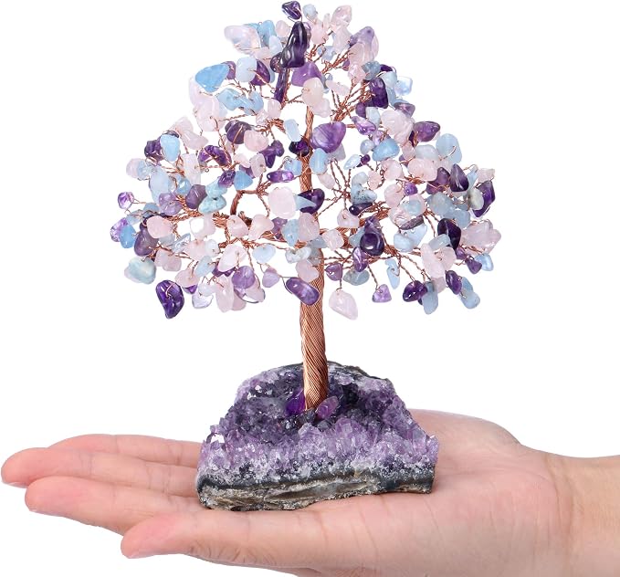 Jovivi Natural Amethyst + Aquamarine + Rose Quartz Healing Crystal Money Tree on Amethyst Cluster Geode Druzy Base Feng Shui Crystals for Home Office Desk Decorations, Wealth, Good Luck