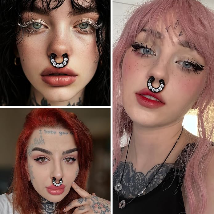 BodyBonita G23 Titanium 0G 2G 4G 6G 8G 10G 12G 14G CZ Septum Rings PA Nose Hoops Clicker Ear Weights for Stretched Ear Piercing Jewelry 10mm 12mm Silver/Gold/Black