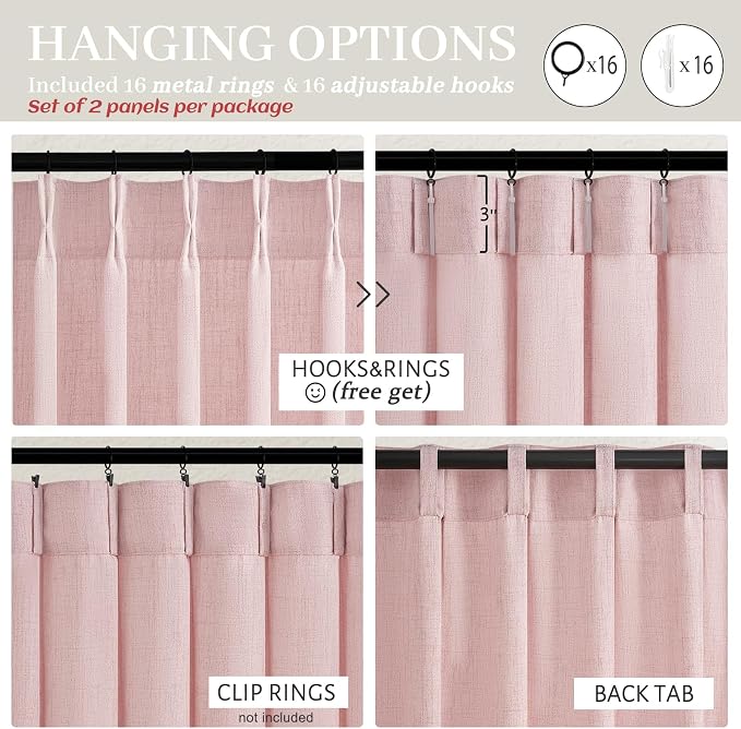 Light-Pink Floor to Ceiling Semi Sheer Extra Long Curtains 108 Inches Length for Office, Pinch Pleat Linen Light-Filtering Privacy Curtain That Let Light in Sunroom Baby Pink 108 Inch Drapes 2 Panels
