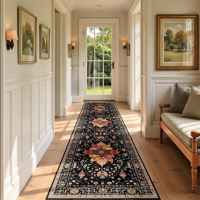 RELEANY Washable Area Rug, Runner 3'x9', Black/Colorful | Non-Slip, Water Repellent, Pet Friendly, Easy to Clean, Vintage Floral Boho Decor for Kitchen Hallway Bedroom Laundry