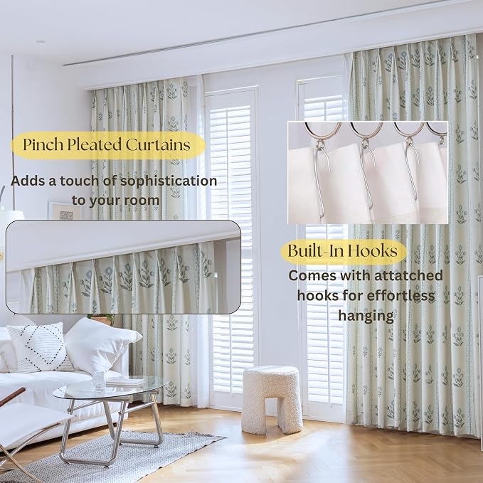 DrapePalette - Linen Blend Pinch Pleated Curtains 84 Inches Long for Living Room, Bedroom, Dining Room, Light Filtering Curtains 2 Panels Set, Modern Floral Printed Design, Antique White 30" W x 84" L