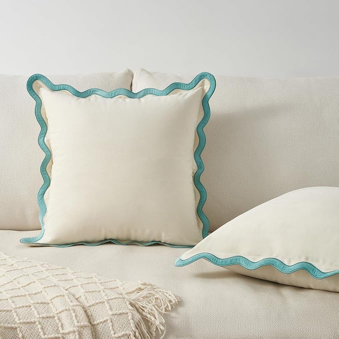 MONDAY MOOSE Decorative Throw Pillow Covers Cushion Cases, Set of 2 Soft Velvet Scalloped Wavy Edge Designs, Mix and Match for Home Decor, Pillow Inserts Not Included (20x20 inch, White/Light Blue)