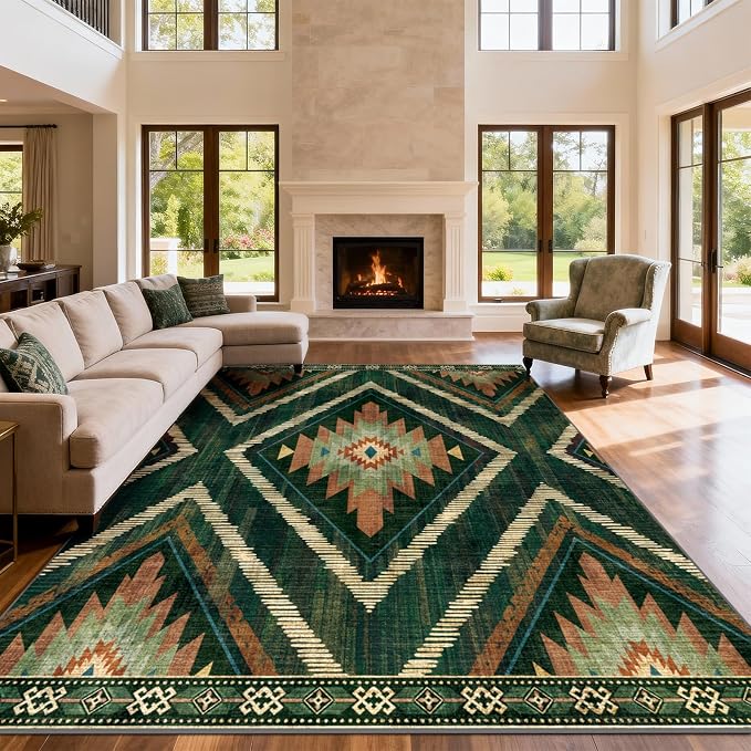 9x12Ft Boho Washable Area Rugs, Large Living Room Area Rug Non Slip, Low Pile Green Moroccan Bedroom Carpets, Non Shedding Soft Floor Carpet for Dining Room Nursery Home Office