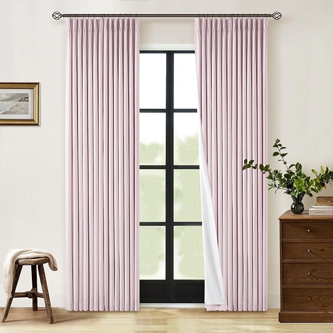 Light Pink Pinch Pleated Blackout Linen 80 Inch Window Curtains 2 Panels | 100% Black Out Room Darkening Thermal Insulated, for Nursery Girls Bedroom, Back Tab Pinch Pleat with Hooks Rings, W40xL80