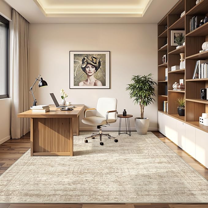 5x7 Area Rugs for Living Room,Large Washable Rug,Beige | Rugs for Bedroom,Dining Room,Office,Low Pile,Soft, Neutral Rug,Stain Resistant Indoor Carpet,Non Slip,Home Decor