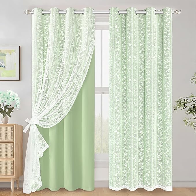 ASPMIZ Sage Green Blackout Curtains for Bedroom 63 inch Long, Double Layer Curtains with Lace Overlay, Light Blocking Grommet Drapes for Living Room Thermal Insulated Window Curtain Set of 2, 52x63