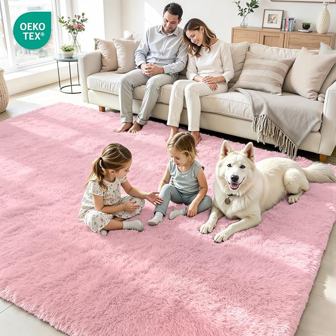 8x10 Area Rug for Living Room, Ultra Soft Fluffy Pink Rugs for Bedroom, Non Slip Large Shag Carpet, Fuzzy Plush Nursery Rug, Thick Washable Indoor Floor Carpets for Kids Office Dorm Home Decor