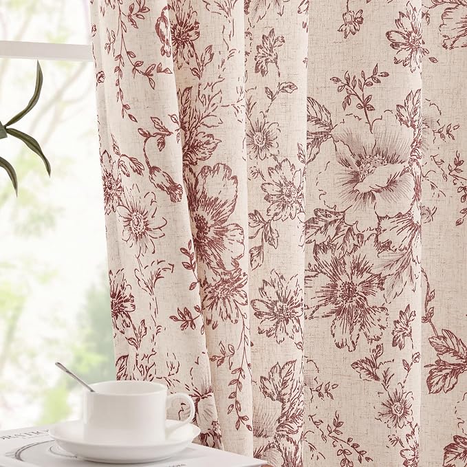 jinchan Red Floral Linen Curtains Lined 90 Inch Farmhouse Back Tab 2 Panels | Privacy lining, light filtering drapes, vintage, cottagecore, french country, rustic, bedroom, living room, window treatment